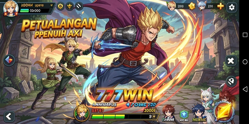 Screenshot gameplay 777WIN menampilkan aksi karakter anime yang dinamis.