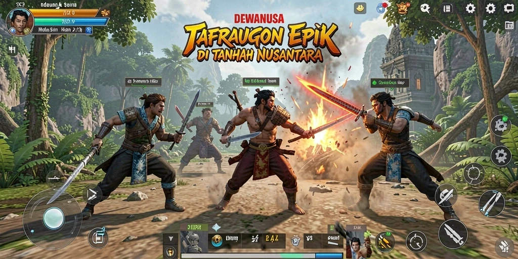 Screenshot DEWANUSA menampilkan pertarungan seru antara dua karakter di arena.