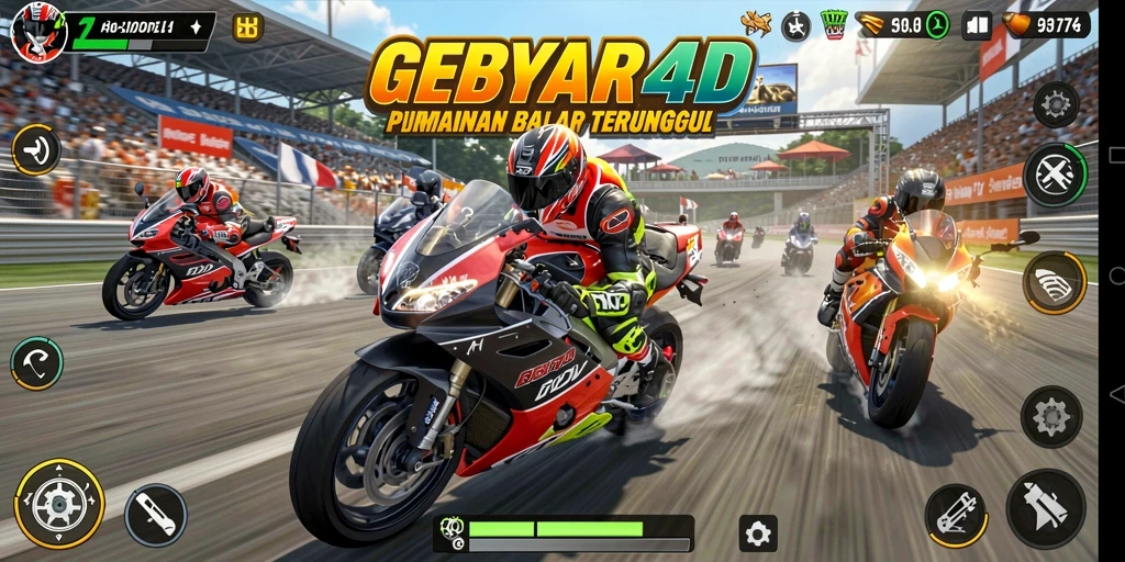 Tampilan utama GEBYAR4D menunjukkan aksi balapan motor yang mendebarkan.