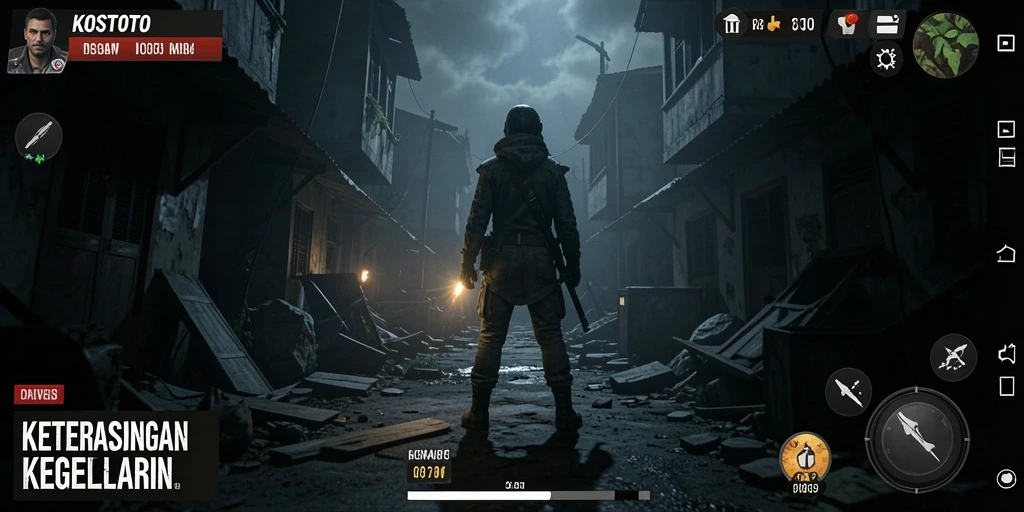 Screenshot gameplay KOSTOTO yang menunjukkan suasana horor yang mencekam.
