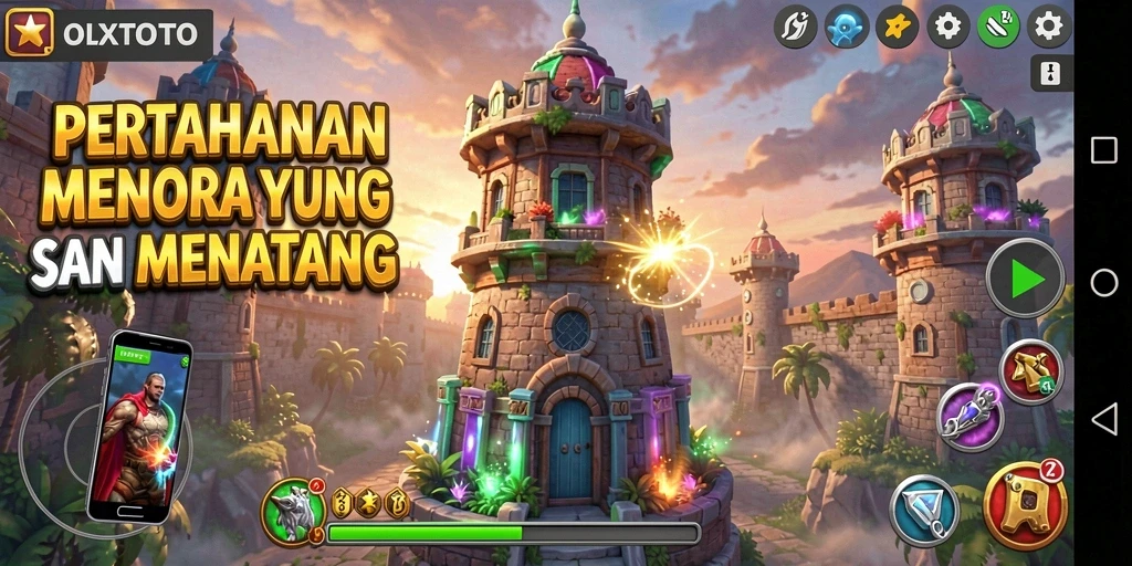 Tangkapan layar gameplay OLXTOTO yang menunjukkan aksi pertahanan menara.