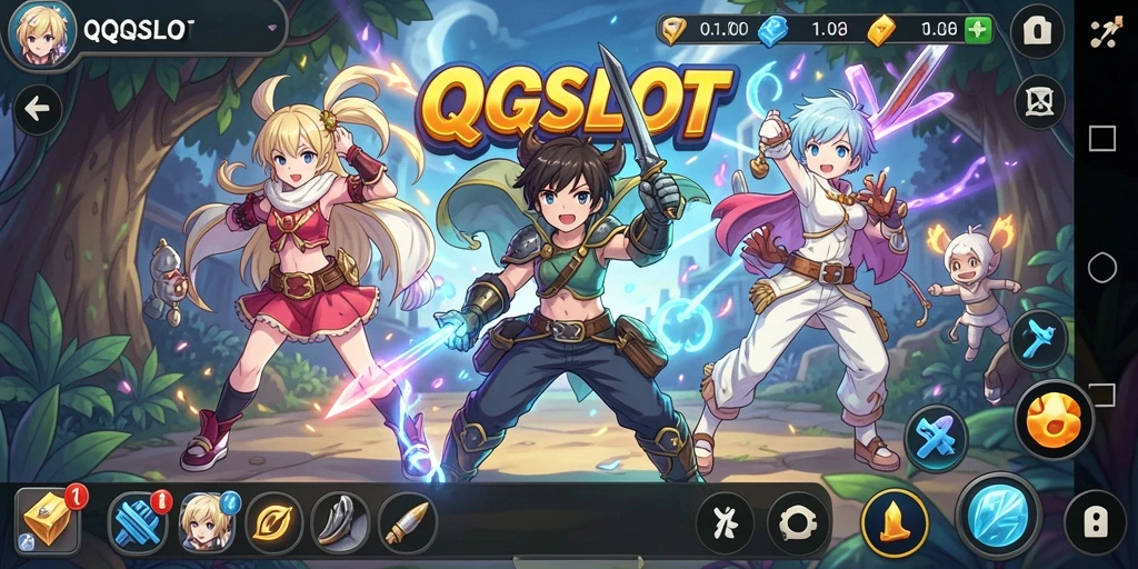 Gameplay QQSLOT menampilkan karakter anime yang menawan dan slot penuh warna.