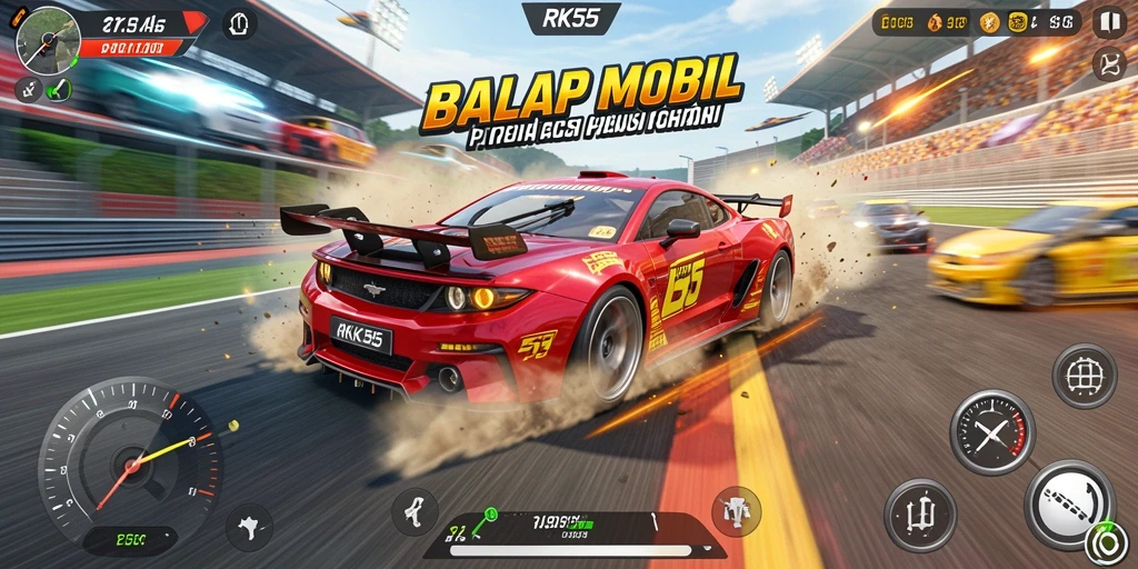 Gameplay menegangkan dalam balapan mobil RK55 yang seru.