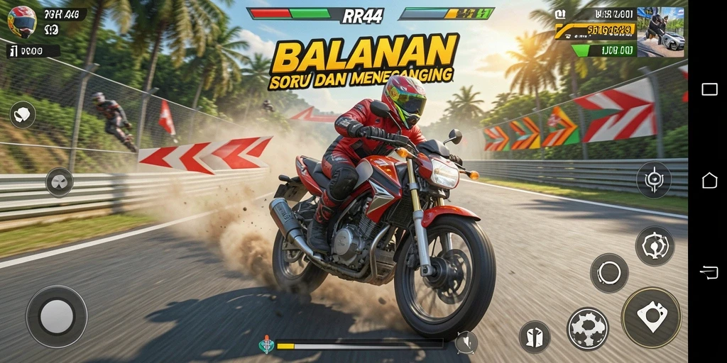 Tampilan gameplay RR44 menunjukkan keseruan balapan motor di trek yang menantang.