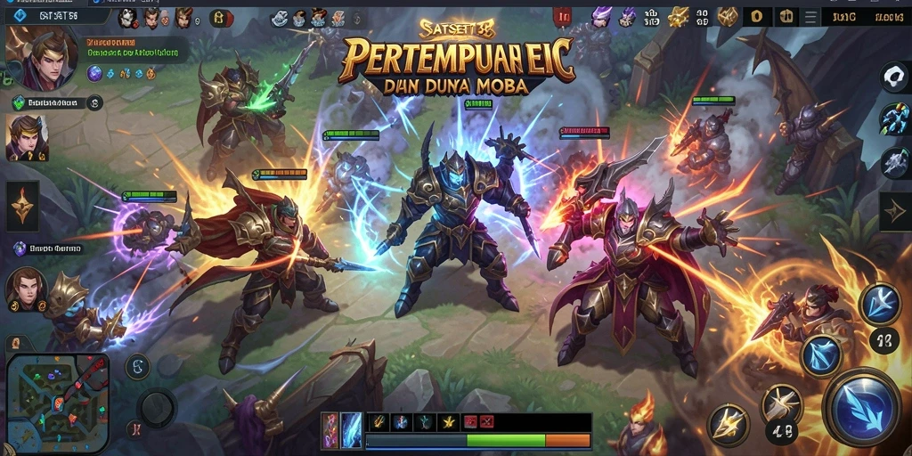 Screenshot menampilkan aksi seru dalam pertarungan tim MOBA.