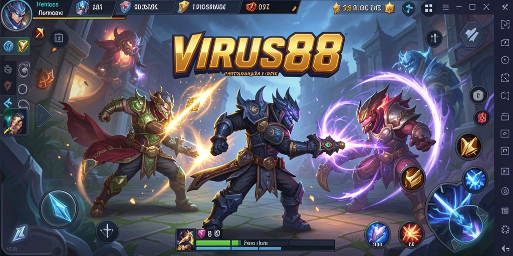 Tampilan gameplay <strong>VIRUS88</strong> yang mendebarkan, menampilkan pertarungan strategis antara tim.