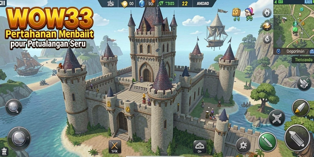 Tangkapan layar dari gameplay WOW33 dengan menara yang strategis.